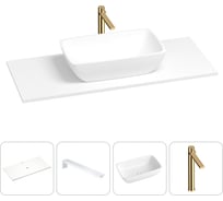 Раковина-столешница Wellsee La.chance в наборе 4 в 1: каменная раковина со столешницей 100 см в матовом белом цвете, кронштейны для подвесного монтажа, смеситель (золото) 202002030