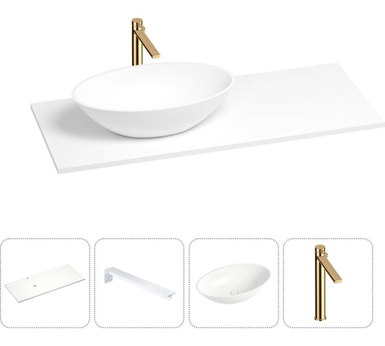 Раковина-столешница с чашей слева Wellsee Le.huit.mars в наборе 4 в 1: раковина из камня со столешницей 100 см, кронштейны для подвесного монтажа, смеситель (золото) 202001965 1