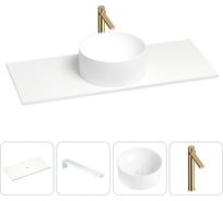 Раковина-столешница Wellsee Le.charme в наборе 4 в 1: каменная раковина со столешницей 100 см в матовом белом цвете, кронштейны для подвесного монтажа, смеситель (золото) 202002185