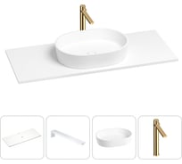 Раковина-столешница Wellsee Le.premier в наборе 4 в 1: каменная раковина со столешницей 120 см в матовом белом цвете, кронштейны для подвесного монтажа, смеситель (золото) 202001910