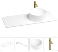 Раковина-столешница с чашей справа Wellsee Le.charme в наборе 4 в 1: раковина из камня со столешницей 130 см, кронштейны для подвесного монтажа, смеситель (золото) 202002235