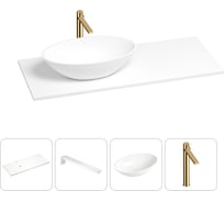 Раковина-столешница с чашей слева Wellsee Le.huit.mars в наборе 4 в 1: раковина из камня со столешницей 130 см, кронштейны для подвесного монтажа, смеситель (золото) 202002000