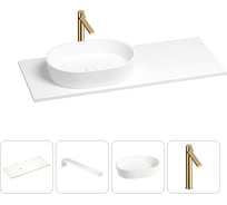 Раковина-столешница с чашей слева Wellsee Le.premier в наборе 4 в 1: раковина из камня со столешницей 130 см, кронштейны для подвесного монтажа, смеситель (золото) 202001925