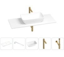 Раковина-столешница Wellsee La.chance в наборе 5 в 1: каменная раковина со столешницей 100 см в матовом белом цвете, кронштейны для подвесного монтажа, смеситель и сифон (золото) 202002415
