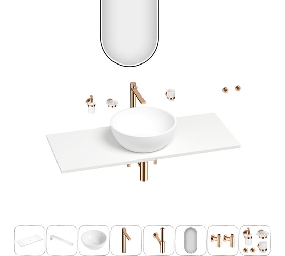 Раковина-столешница Wellsee La.lune в наборе 11 в 1: каменная раковина со столешницей 120 см, кронштейны, смеситель, сифон, вентили, аксессуары, зеркало (цвет набора розовое золото) 202003666 1