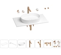 Раковина-столешница Wellsee Le.premier в наборе 10 в 1: каменная раковина со столешницей 90 см, кронштейны, смеситель, сифон, вентили, аксессуары (цвет набора розовое золото) 202003036