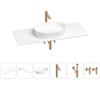 Раковина-столешница Wellsee Le.premier в наборе 6 в 1: каменная раковина со столешницей 100 см, кронштейны для подвесного монтажа, смеситель, сифон, вентили (цвет набора розовое золото) 202002656