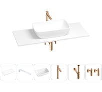 Раковина-столешница Wellsee La.chance в наборе 6 в 1: каменная раковина со столешницей 100 см, кронштейны для подвесного монтажа, смеситель, сифон, вентили (цвет набора розовое золото) 202002801