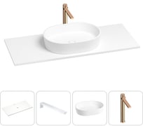 Раковина-столешница Wellsee Le.premier в наборе 4 в 1: каменная раковина со столешницей 100 см в матовом белом цвете, кронштейны для подвесного монтажа, смеситель (розовое золото) 202001886