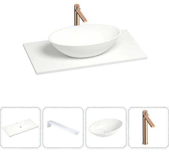 Раковина-столешница Wellsee Le.huit.mars в наборе 4 в 1: каменная раковина со столешницей 90 см в матовом белом цвете, кронштейны для подвесного монтажа, смеситель (розовое золото) 202001956 1