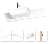 Раковина-столешница с чашей слева Wellsee La.chance в наборе 4 в 1: раковина из камня со столешницей 110 см, кронштейны для подвесного монтажа, смеситель (розовое золото) 202002046