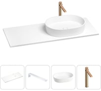 Раковина-столешница с чашей справа Wellsee Le.premier в наборе 4 в 1: раковина из камня со столешницей 120 см, кронштейны для подвесного монтажа, смеситель (розовое золото) 202001921