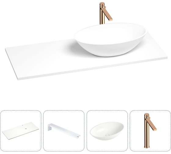 Раковина-столешница с чашей справа Wellsee Le.huit.mars в наборе 4 в 1: раковина из камня со столешницей 120 см, кронштейны для подвесного монтажа, смеситель (розовое золото) 202001996 1