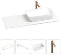 Раковина-столешница с чашей справа Wellsee La.chance в наборе 4 в 1: раковина из камня со столешницей 130 см, кронштейны для подвесного монтажа, смеситель (розовое золото) 202002076