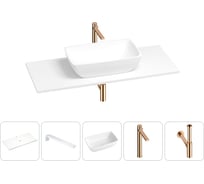 Раковина-столешница Wellsee La.chance в наборе 5 в 1: каменная раковина со столешницей 100 см в матовом белом цвете, кронштейны для подвесного монтажа, смеситель и сифон (розовое золото) 202002416