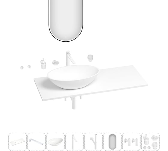 Раковина-столешница с чашей слева Wellsee Le.huit.mars в наборе 11 в 1: раковина, столешница 100 см, кронштейны, смеситель, сифон, вентили, аксессуары, зеркало (цвет набора матовый белый) 202003507 1