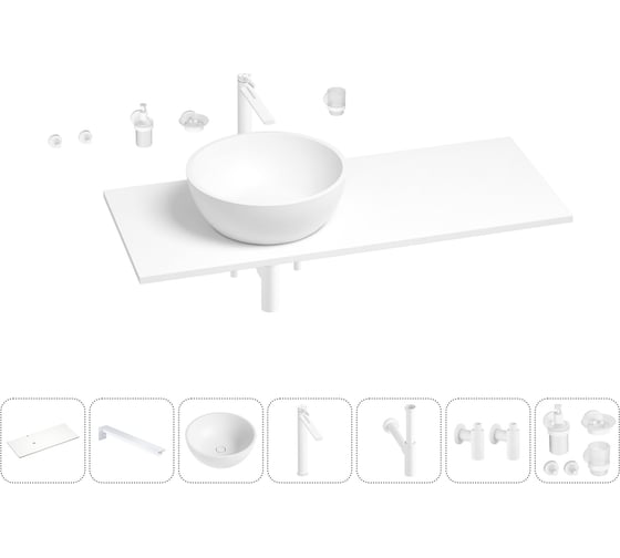 Раковина-столешница с чашей слева Wellsee La.lune в наборе 10 в 1: раковина, столешница 100 см, кронштейны, смеситель, сифон, вентили, аксессуары (цвет набора матовый белый) 202003262 1