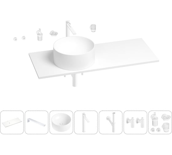 Раковина-столешница с чашей слева Wellsee Le.charme в наборе 10 в 1: раковина, столешница 100 см, кронштейны, смеситель, сифон, вентили, аксессуары (цвет набора матовый белый) 202003347 1