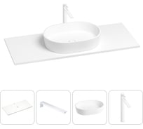 Раковина-столешница Wellsee Le.premier в наборе 4 в 1: каменная раковина со столешницей 100 см в матовом белом цвете, кронштейны для подвесного монтажа, смеситель (матовый белый) 202001887
