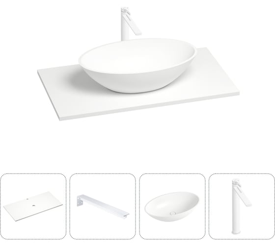 Раковина-столешница Wellsee Le.huit.mars в наборе 4 в 1: каменная раковина со столешницей 80 см в матовом белом цвете, кронштейны для подвесного монтажа, смеситель (матовый белый) 202001952 1