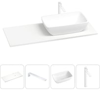 Раковина-столешница с чашей справа Wellsee La.chance в наборе 4 в 1: раковина из камня со столешницей 100 см, кронштейны для подвесного монтажа, смеситель (матовый белый) 202002042