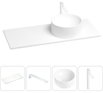 Раковина-столешница с чашей справа Wellsee Le.charme в наборе 4 в 1: раковина из камня со столешницей 110 см, кронштейны для подвесного монтажа, смеситель (матовый белый) 202002207