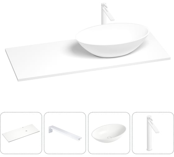 Раковина-столешница с чашей справа Wellsee Le.huit.mars в наборе 4 в 1: раковина из камня со столешницей 100 см, кронштейны для подвесного монтажа, смеситель (матовый белый) 202001972 1