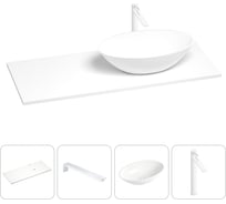 Раковина-столешница с чашей справа Wellsee Le.huit.mars в наборе 4 в 1: раковина из камня со столешницей 120 см, кронштейны для подвесного монтажа, смеситель (матовый белый) 202001997