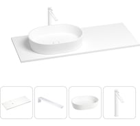 Раковина-столешница с чашей слева Wellsee Le.premier в наборе 4 в 1: раковина из камня со столешницей 130 см, кронштейны для подвесного монтажа, смеситель (матовый белый) 202001927