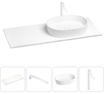 Раковина-столешница с чашей справа Wellsee Le.premier в наборе 4 в 1: раковина из камня со столешницей 130 см, кронштейны для подвесного монтажа, смеситель (матовый белый) 202001932