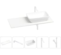 Раковина-столешница с чашей справа Wellsee La.chance в наборе 5 в 1: раковина из камня со столешницей 110 см, кронштейны для подвесного монтажа, смеситель и сифон (матовый белый) 202002437