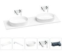 Раковина-столешница с двумя чашами Wellsee Le.premier в наборе 5 в 1: раковины из камня со столешницей 150 см, кронштейны для подвесного монтажа, смесители (хром) 202003940