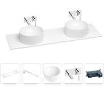 Раковина-столешница с двумя чашами Wellsee Le.charme в наборе 5 в 1: раковины из камня со столешницей 150 см, кронштейны для подвесного монтажа, смесители (хром) 202004250