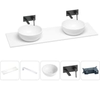 Раковина-столешница с двумя чашами Wellsee La.lune в наборе 5 в 1: раковины из камня со столешницей 150 см, кронштейны для подвесного монтажа, смесители (матовый черный) 202004166