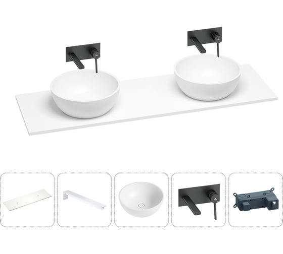 Раковина-столешница с двумя чашами Wellsee La.lune в наборе 5 в 1: раковины из камня со столешницей 150 см, кронштейны для подвесного монтажа, смесители (матовый черный) 202004166 1