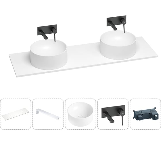 Раковина-столешница с двумя чашами Wellsee Le.charme в наборе 5 в 1: раковины из камня со столешницей 140 см, кронштейны для подвесного монтажа, смесители (матовый черный) 202004246 1