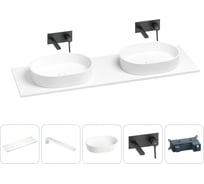 Раковина-столешница с двумя чашами Wellsee Le.premier в наборе 5 в 1: раковины из камня со столешницей 160 см, кронштейны для подвесного монтажа, смесители (матовый черный) 202003946