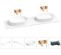 Раковина-столешница с двумя чашами Wellsee Le.premier в наборе 5 в 1: раковины из камня со столешницей 140 см, кронштейны для подвесного монтажа, смесители (розовое золото) 202003938
