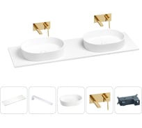 Раковина-столешница с двумя чашами Wellsee Le.premier в наборе 5 в 1: раковины из камня со столешницей 160 см, кронштейны для подвесного монтажа, смесители (золото) 202003947