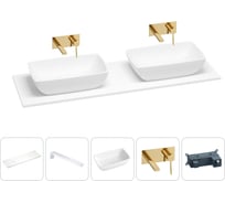 Раковина-столешница с двумя чашами Wellsee La.chance в наборе 5 в 1: раковины из камня со столешницей 160 см, кронштейны для подвесного монтажа, смесители (золото) 202004087