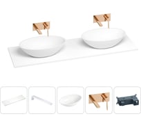 Раковина-столешница с двумя чашами Wellsee Le.huit.mars в наборе 5 в 1: раковины из камня со столешницей 150 см, кронштейны для подвесного монтажа, смесители (розовое золото) 202004013