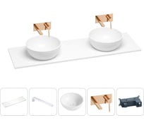 Раковина-столешница с двумя чашами Wellsee La.lune в наборе 5 в 1: раковины из камня со столешницей 150 см, кронштейны для подвесного монтажа, смесители (розовое золото) 202004168