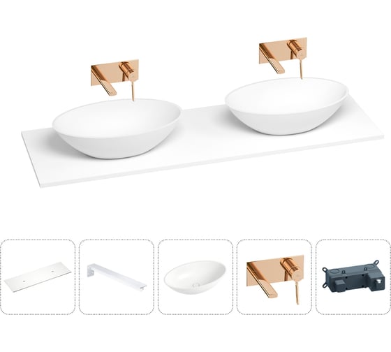 Раковина-столешница с двумя чашами Wellsee Le.huit.mars в наборе 5 в 1: раковины из камня со столешницей 160 см, кронштейны для подвесного монтажа, смесители (розовое золото) 202004018 1