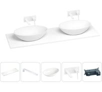 Раковина-столешница с двумя чашами Wellsee Le.huit.mars в наборе 5 в 1: раковины из камня со столешницей 160 см, кронштейны для подвесного монтажа, смесители (матовый белый) 202004019