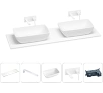 Раковина-столешница с двумя чашами Wellsee La.chance в наборе 5 в 1: раковины из камня со столешницей 160 см, кронштейны для подвесного монтажа, смесители (матовый белый) 202004089