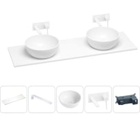 Раковина-столешница с двумя чашами Wellsee La.lune в наборе 5 в 1: раковины из камня со столешницей 120 см, кронштейны для подвесного монтажа, смесители (матовый белый) 202004144