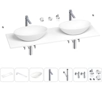 Раковина-столешница с двумя чашами Wellsee Le.huit.mars в наборе 10 в 1: раковины, столешница 150 см, кронштейны, смесители, сифоны, вентили, аксессуары (цвет набора хром) 202003163