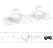 Раковина-столешница с двумя чашами Wellsee Le.charme в наборе 5 в 1: раковины из камня со столешницей 160 см, кронштейны для подвесного монтажа, смесители (матовый белый) 202004259