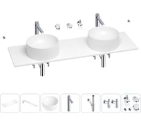 Раковина-столешница с двумя чашами Wellsee Le.charme в наборе 10 в 1: раковины, столешница 150 см, кронштейны, смесители, сифоны, вентили, аксессуары (цвет набора хром) 202003403