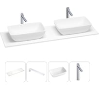 Раковина-столешница с двумя чашами Wellsee La.chance в наборе 4 в 1: раковины из камня со столешницей 150 см, кронштейны для подвесного монтажа, смесители (хром) 202002078